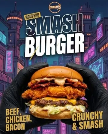 Affiche « Nouveau Smash Burger » : beef, chicken, bacon