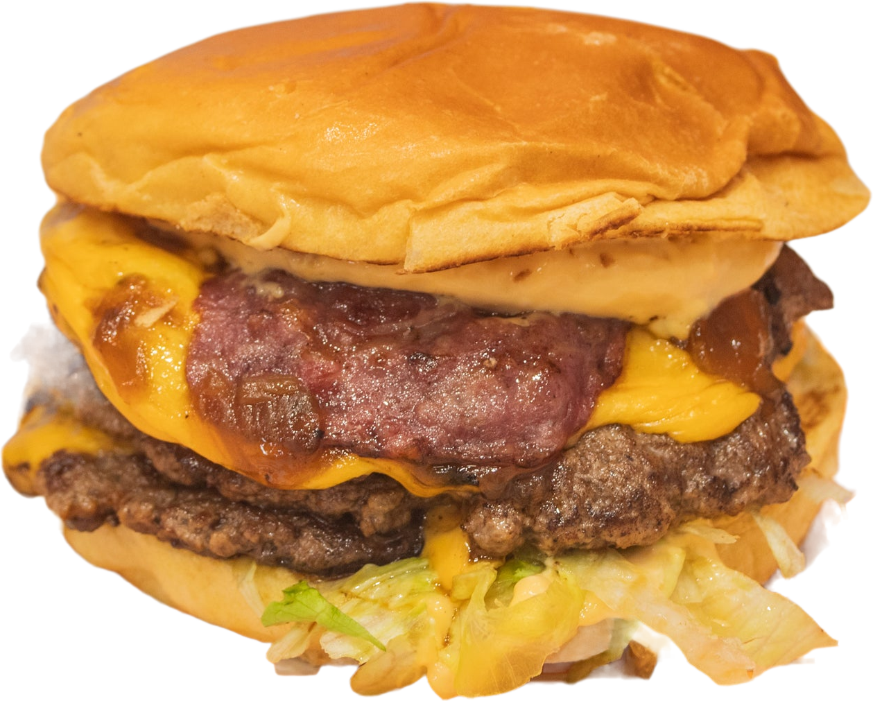 Le Gourmand, smash burger Crunchy X : triple steak, cheddar fondu et bacon dans un bun doré